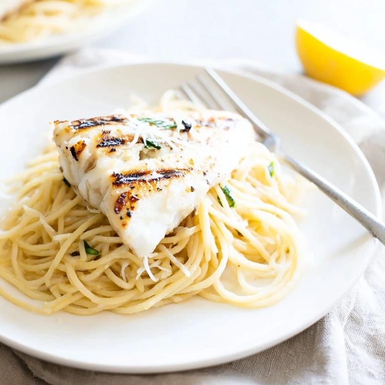 Golden grilled fish sits on a bed of lemon-butter spaghetti, with vibrant fresh herbs and a wedge of lemon nearby.