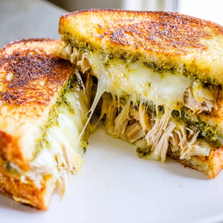 Golden mozzarella pesto chicken grilled cheese cut in half, revealing juicy shredded chicken and vibrant green pesto.