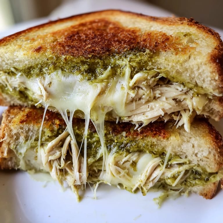 Griddle-seared mozzarella pesto chicken grilled cheese on a skillet, with gooey mozzarella oozing from crispy bread.