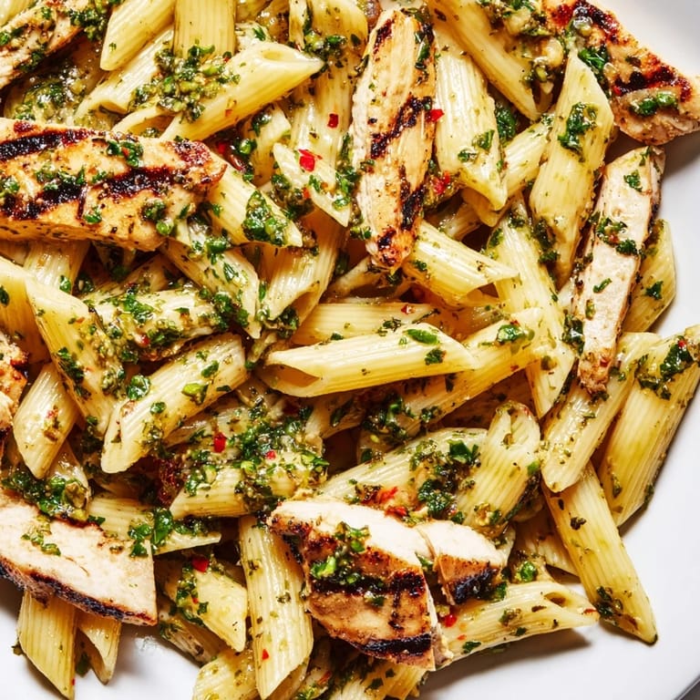 Plate of Chimichurri Chicken Pasta with lemon wedges, ready for a dairy-free weeknight dinner with a zesty kick.