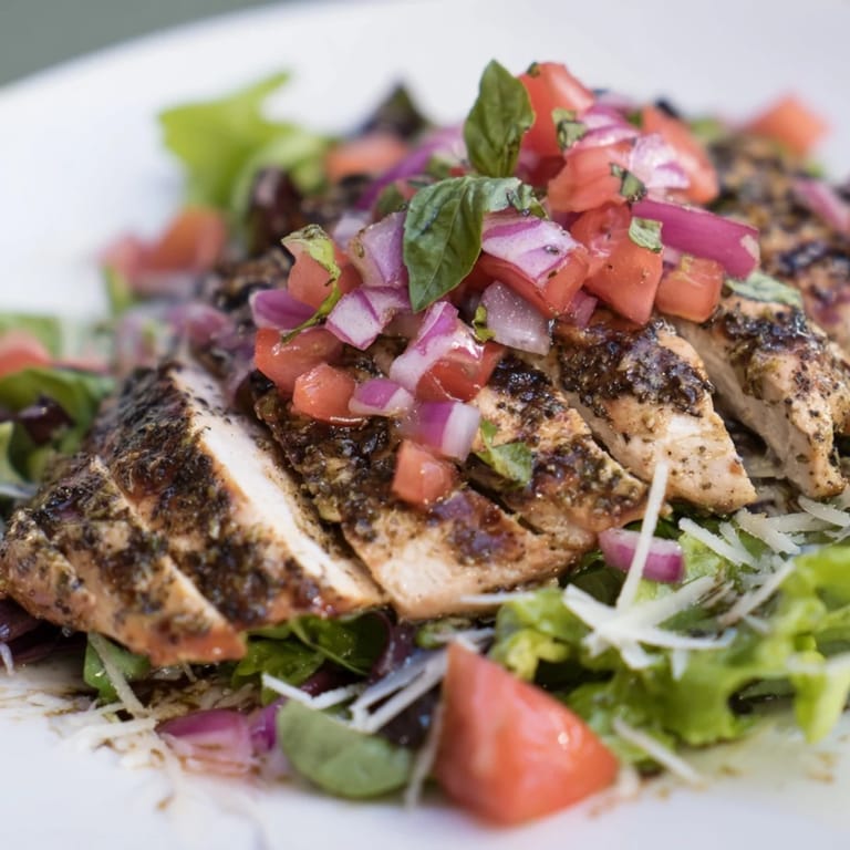 Hearty Bruschetta Chicken Salad features colorful tomatoes, sharp red onion, and aromatic basil for a bright Italian-American flavor.  