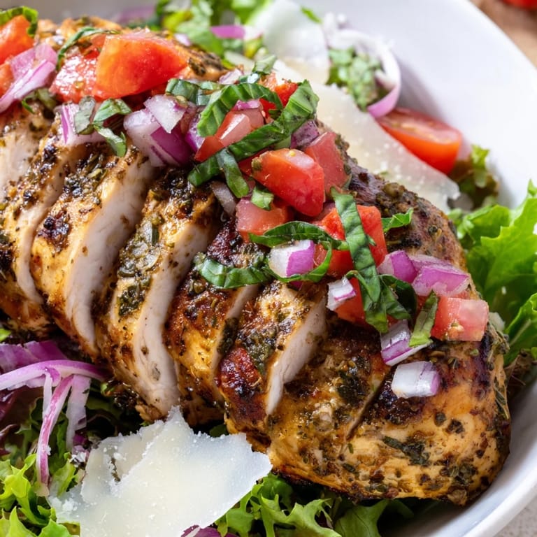 A forkful of Bruschetta Chicken Salad with shaved Parmesan, showcasing tender chicken and crisp greens perfect for a light summer lunch.