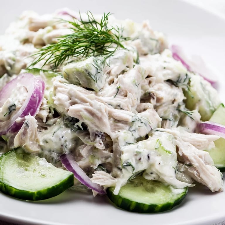 Visually appealing bowl of creamy cucumber chicken salad with Greek yogurt dressing, paired with whole-grain crackers on the side.
