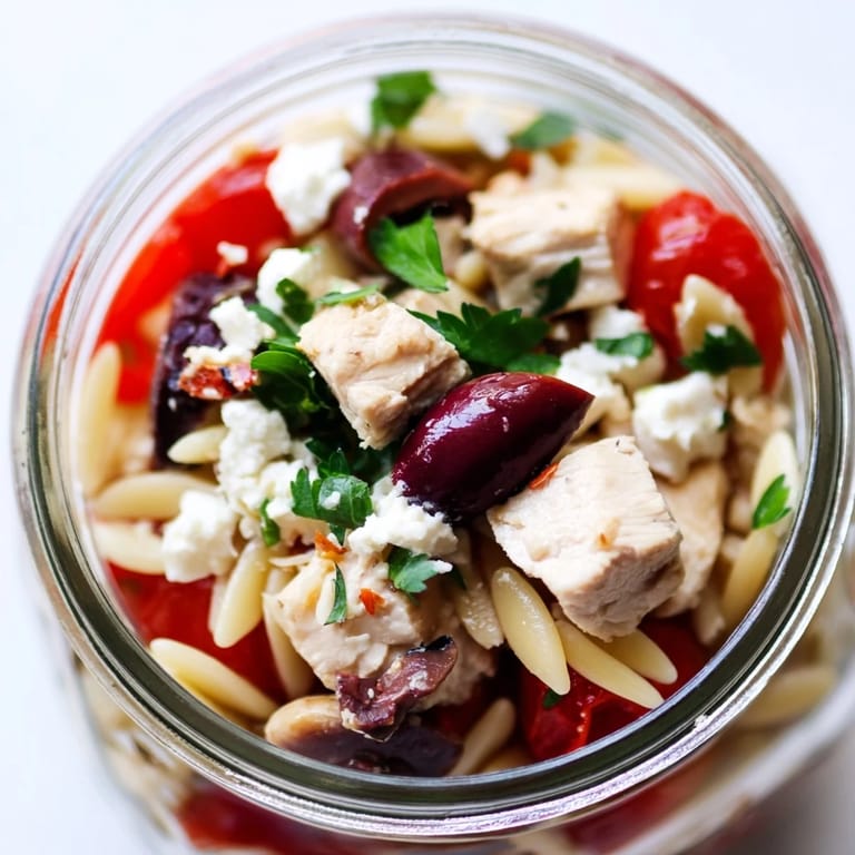 Clear glass jars showcasing Greek Pasta Chicken Salad with creamy feta and fresh parsley, perfect for healthy meal planning.
