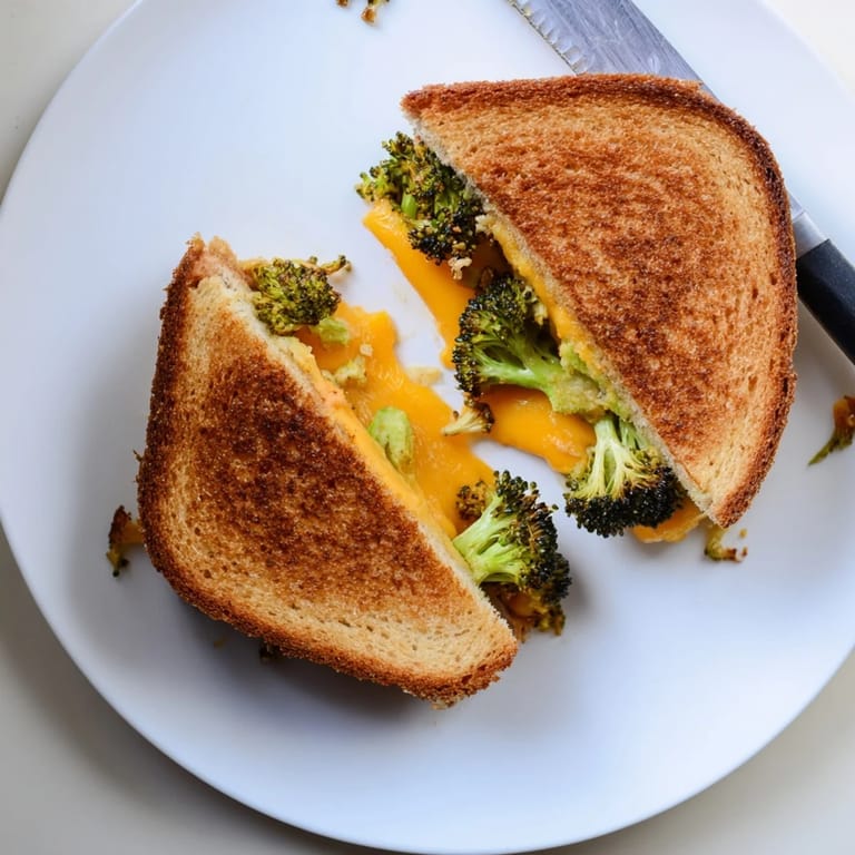 Homemade roasted broccoli & cheddar grilled cheese, crispy bread interior revealing tender broccoli florets.
