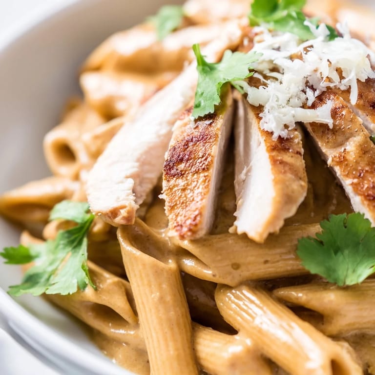 A close-up of Honey Chipotle Chicken Pasta garnished with fresh cilantro and Parmesan, steaming on a rustic wooden table.