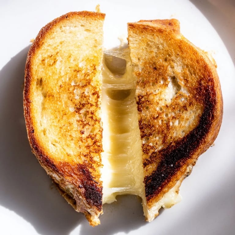 Freshly grilled Truffle Grilled Cheese sandwich cut diagonally, revealing a rich, cheesy center perfumed with earthy truffle oil.