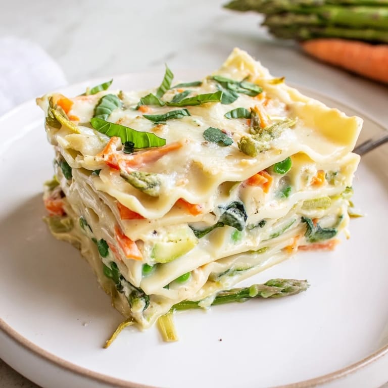 A baking dish of Spring Veggie Alfredo Lasagna with bubbly cheese topping and colorful vegetable layers, ready to serve as a hearty vegetarian main dish.
