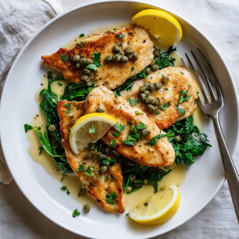 A close-up of Spinach Lemon Butter Chicken showing juicy chicken coated in a glossy lemon-butter sauce atop a bed of wilted greens.