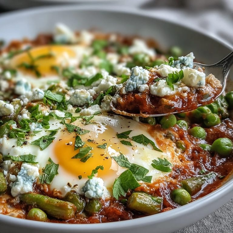 A colorful Pea and Broad Bean Shakshuka with perfectly poached eggs, ready for brunch.