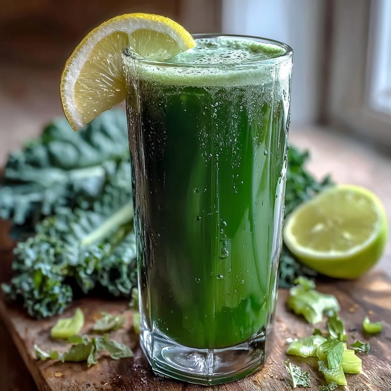 Freshly juiced cabbage and kale detox beverage, showcasing healthy greens with a hint of zesty ginger.