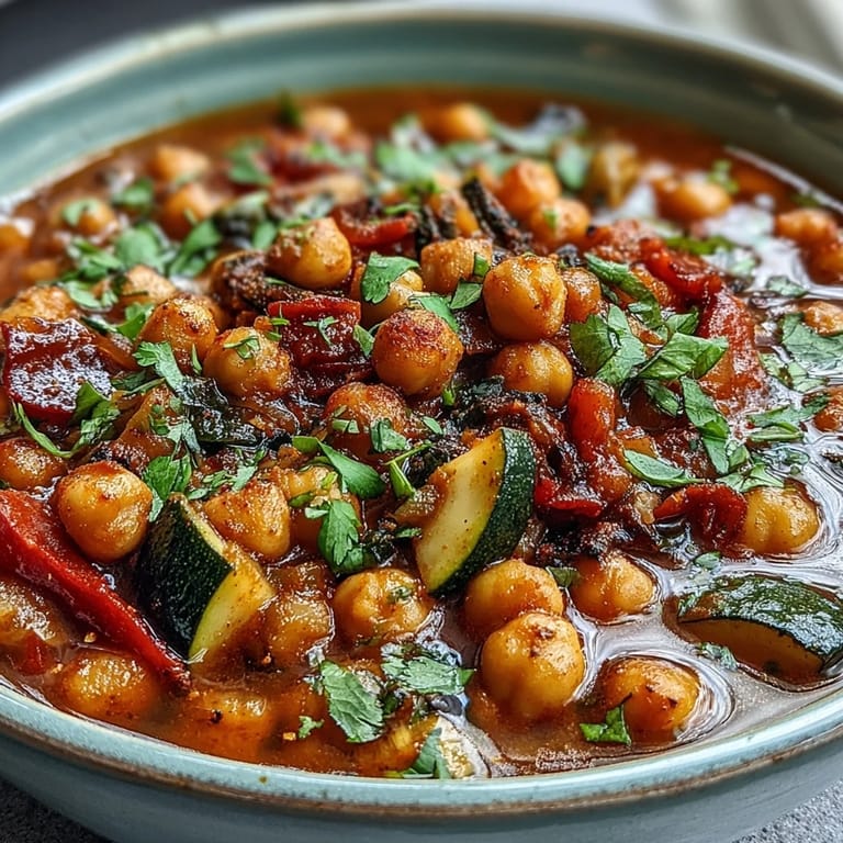 Cozy spicy chickpea stew ready to serve, garnished with fresh green herbs.