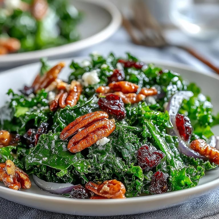 Close-up of Warm Kale Salad With Maple Mustard Dressing, ready to serve with cranberries.