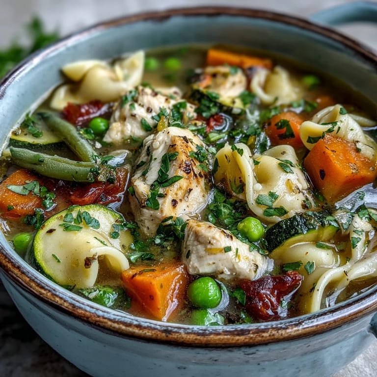 Hearty bowl of Pasta Soup With Chicken and Vegetables served with crusty bread on the side and a sprinkle of fresh parsley for garnish.