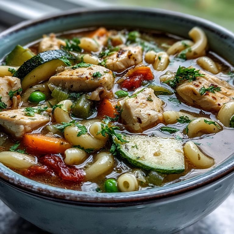 Close-up of Pasta Soup With Chicken and Vegetables featuring al dente pasta, green beans, and zucchini in a steaming, flavorful broth.