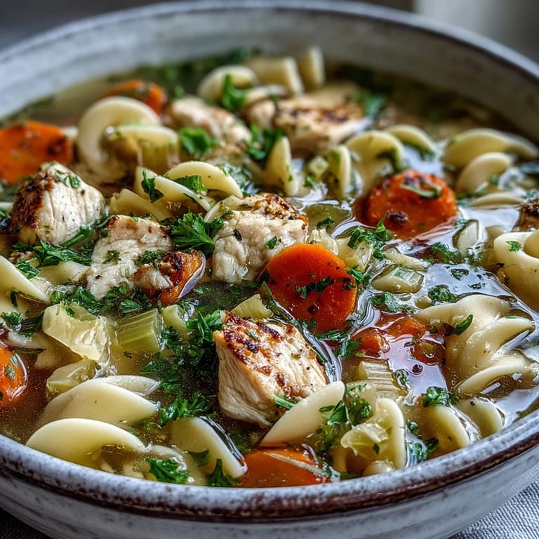 Comforting bowl of Chicken Noodle Soup garnished with parsley, served alongside crusty bread on a linen napkin.