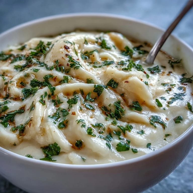 A spoon dipping into a bowl of creamy White Bean and Parmesan Soup, served alongside crusty bread for dipping.