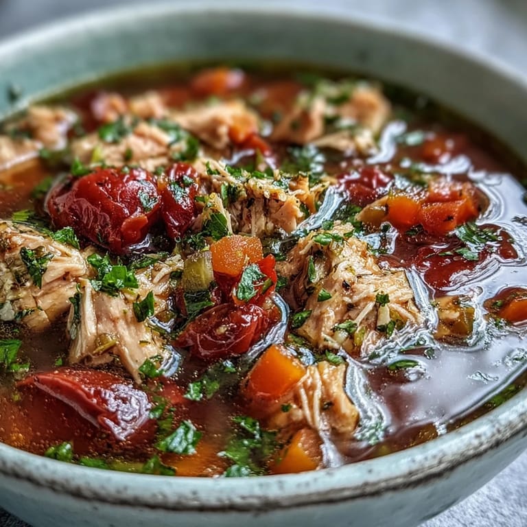 Close-up of Italian-inspired Tuna and Tomato Soup featuring flaked tuna and tender vegetables in a rich, aromatic broth.