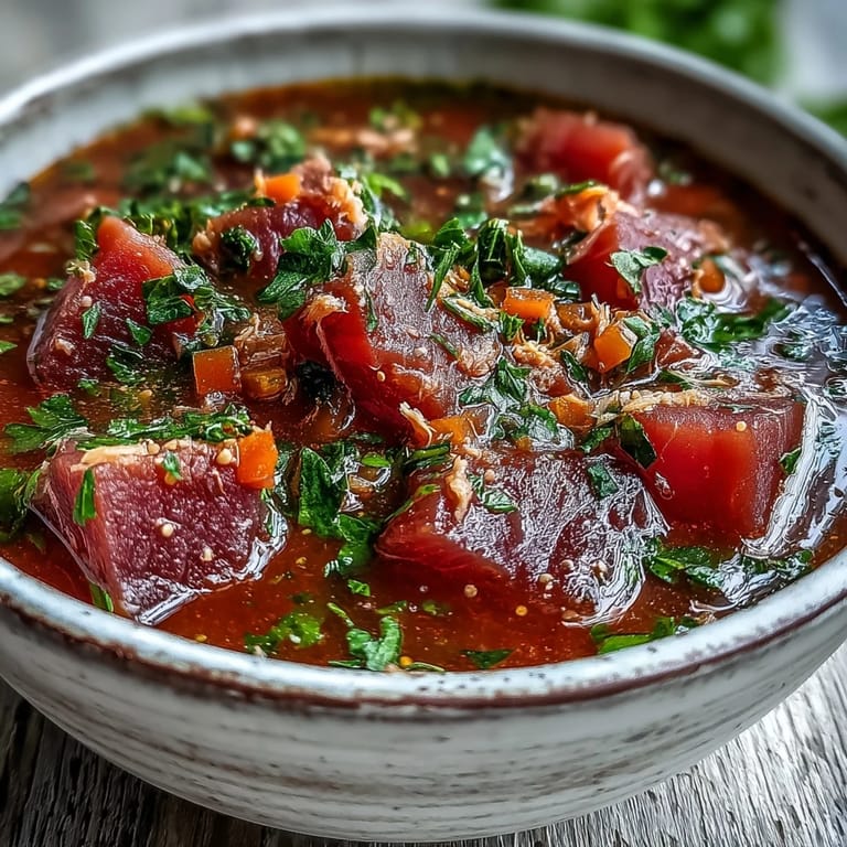 Easy Tuna and Tomato Soup served in a rustic bowl, highlighting the vibrant red tomatoes and savory seafood.