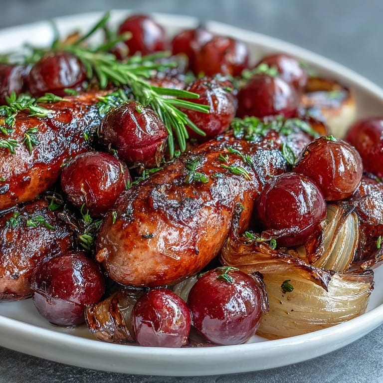 Plump roasted red grapes and onions spooned over juicy Italian sausages on a white plate.