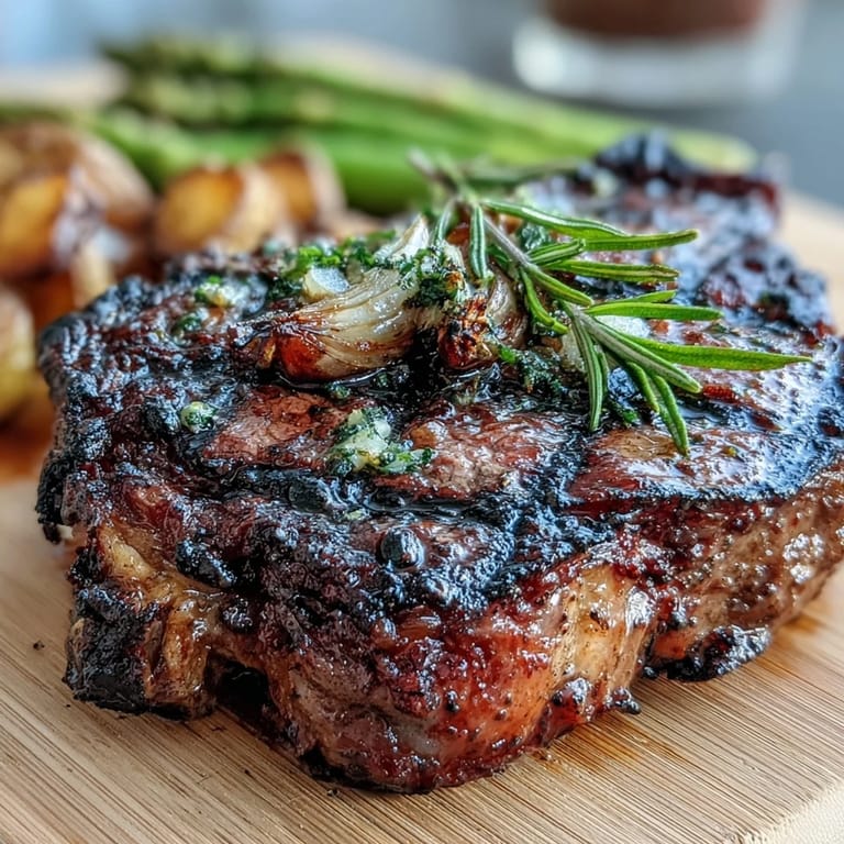 Perfectly medium-rare bone-in rib eye steak served with buttered potatoes and grilled asparagus.
