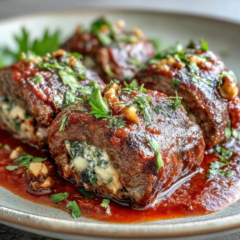 Serving plate of savory Sicilian-Style Braciole alongside spaghetti and crusty bread for a family-style Italian dinner.