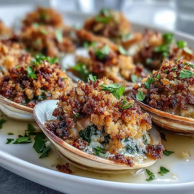 Savory Roasted Clams With Lemony Panko served warm with lemon wedges on a rustic plate, ready to enjoy.