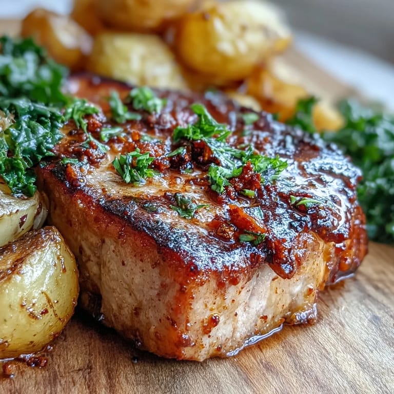 Golden roasted potatoes and tender Aleppo pork chops topped with wilted greens and lemon zest.