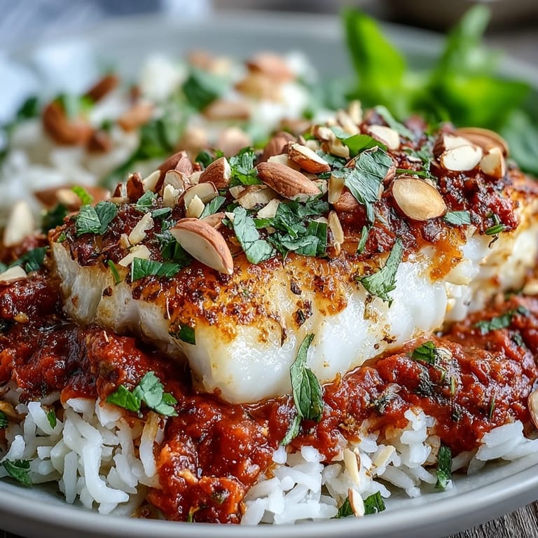 Vibrant Mediterranean-style Tomato-Roasted Cod With Spiced Almonds plated with lemon wedges for a bright, tangy finishing touch.