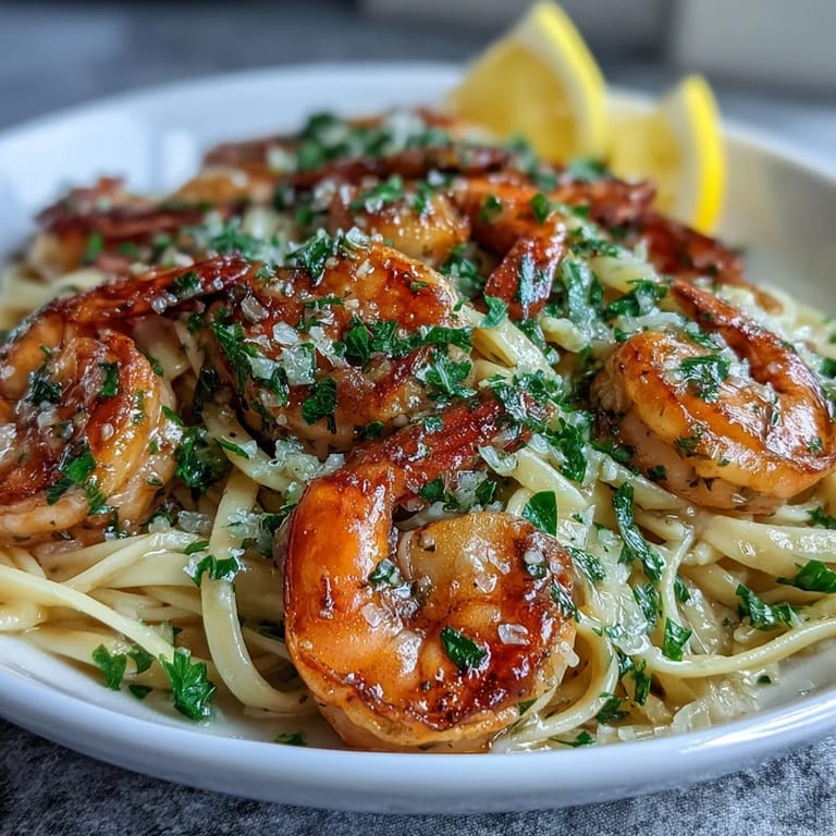 A generous bowl of Shrimp Scampi With Linguine features plump shrimp and buttery noodles ready to be twirled onto a fork.