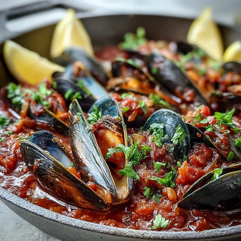 Vibrant Smoky Mussels Pomodoro in a skillet, garnished with fresh parsley and ready for dipping.
