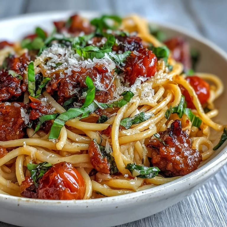 Vibrant Italian Drunken Noodles served in a bowl with juicy tomatoes, fresh herbs, and a sprinkle of Parmesan cheese.