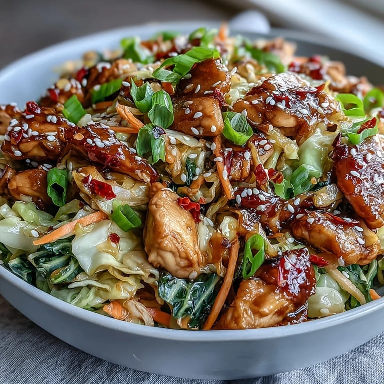 A close-up of Egg Roll Bowls with Chicken and Cabbage, featuring tender chicken and vibrant carrots glistening in a savory soy-sesame glaze.