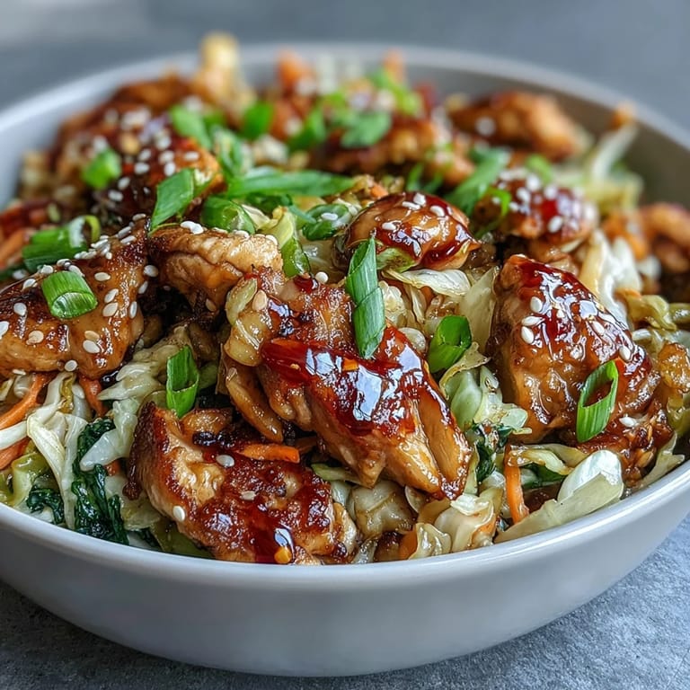 Freshly prepared Egg Roll Bowls with Chicken and Cabbage, garnished with chili crisp and served alongside chopsticks on a wooden table.