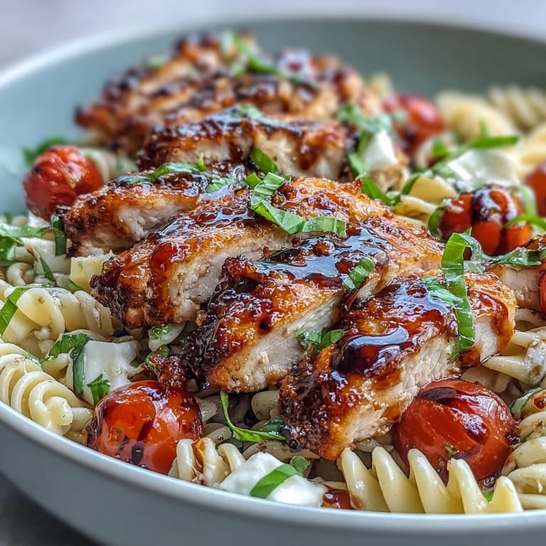 A close-up of Bruschetta Chicken Pasta shows glistening balsamic glaze, cherry tomatoes, and ribbons of fresh basil over cheesy, tender noodles.