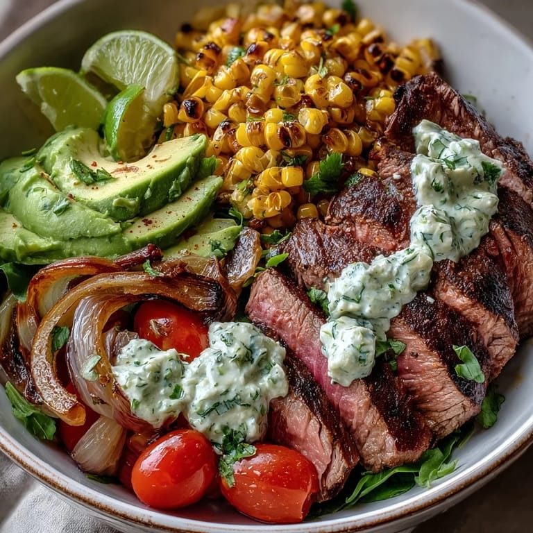 Overhead shot of a colorful bowl filled with tender steak, fresh cherry tomatoes, sliced red onion, and golden corn kernels, tossed with a silky homemade cilantro dressing.