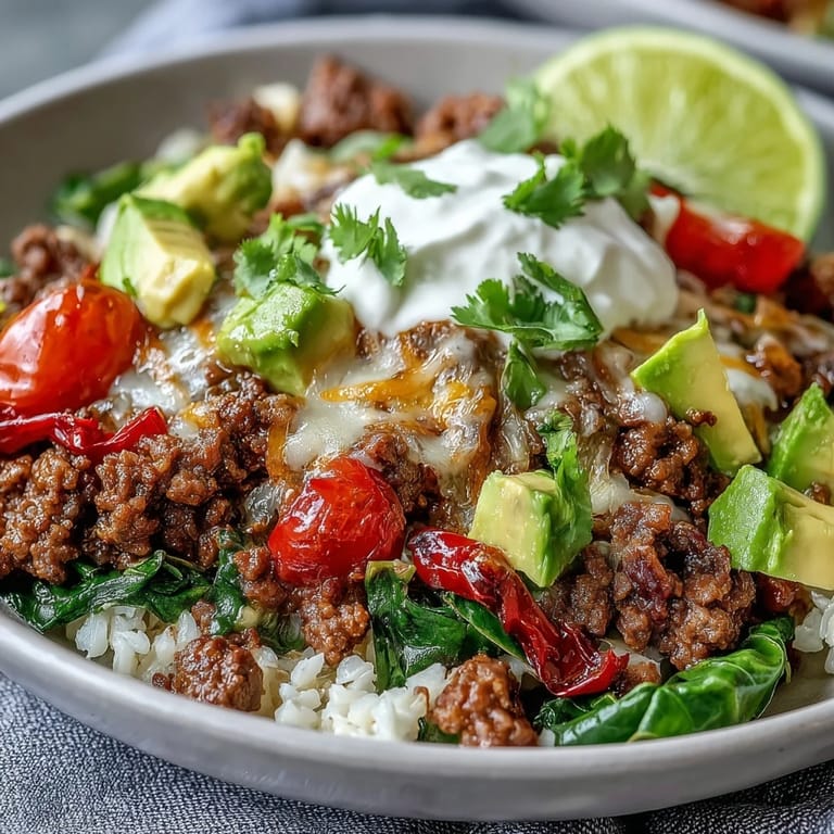 A Low Carb Burrito Bowl with seasoned beef, crisp lettuce, avocado, and a drizzle of sour cream.
