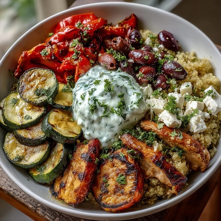 Close-up of a vibrant Healthy Grilled Mediterranean Bowl featuring juicy grilled chicken, briny Kalamata olives, crumbled feta, and fresh parsley.