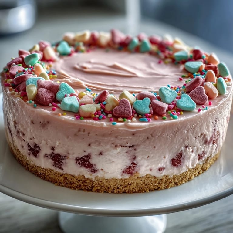 A whole Candy Hearts Fake Cake sits on a white plate, layered with whipped cream frosting and a pastel crown of crunchy candy hearts.