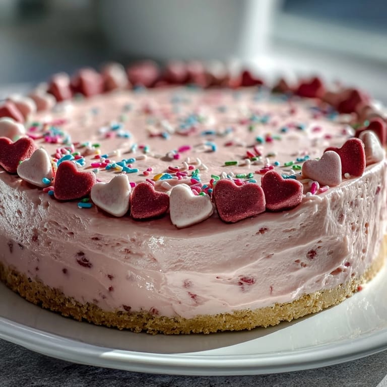 Overhead view of a plated slice of Candy Hearts Fake Cake, revealing silky cream cheese filling and a buttery, crunchy graham cracker base.