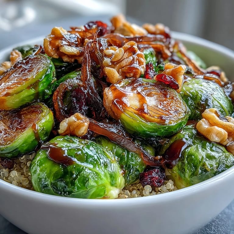 A wholesome vegetarian dinner featuring a hearty roasted Brussels sprouts bowl, garnished with toasted walnuts and tart dried cranberries.