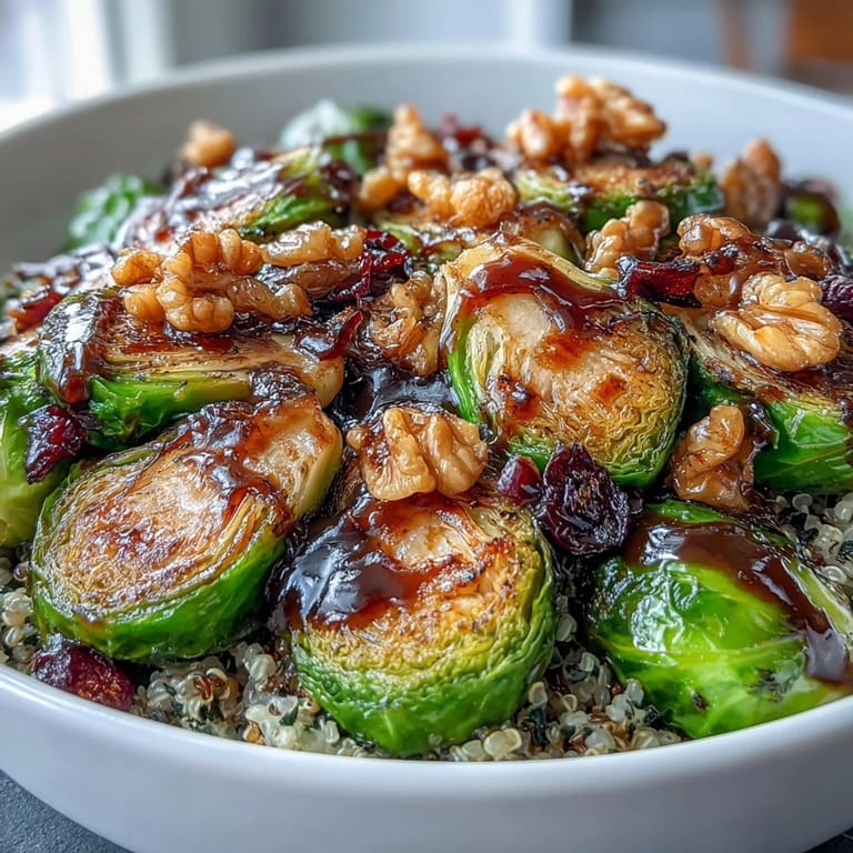 Warm roasted Brussels sprouts bowl with quinoa grains and balsamic glaze, perfect for a nourishing vegan weeknight meal.