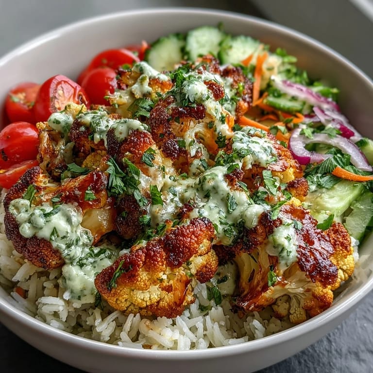 Vibrant bowl of roasted cauliflower, spinach, tomatoes, and carrots over rice, finished with tangy lemon tahini dressing.