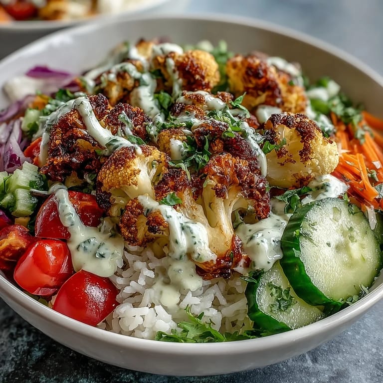 Freshly assembled roasted cauliflower bowl with colorful vegetables and fluffy rice, perfect for a healthy vegetarian dinner.
