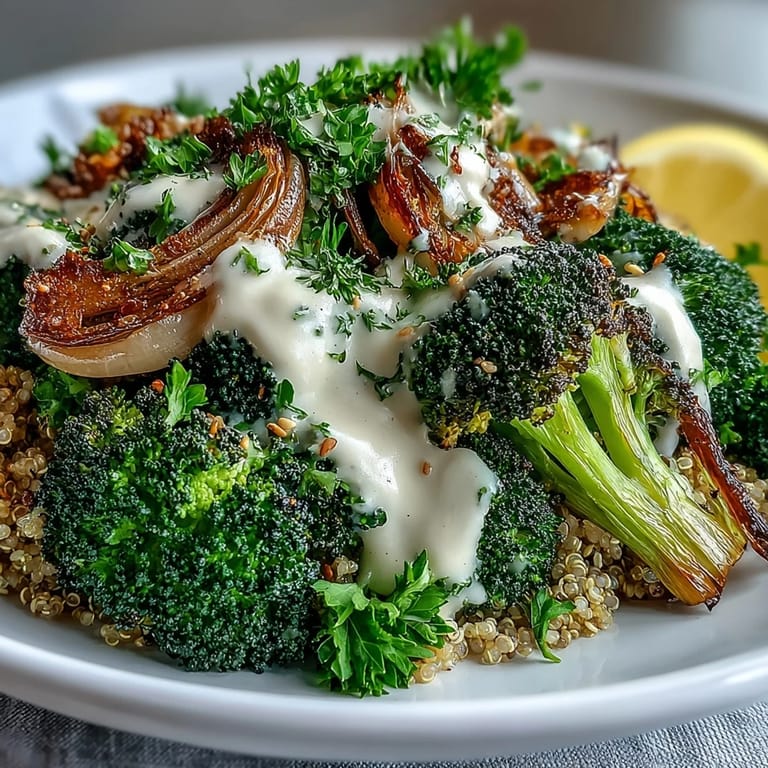 Golden, oven-roasted broccoli and red onions over brown rice, smothered in tangy tahini sauce for a wholesome vegan dinner.