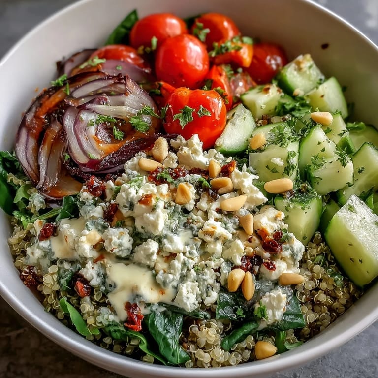 Colorful diced cucumbers, tomatoes, and bell peppers add crunch to a savory Spinach and Feta Grain Bowl lunch.