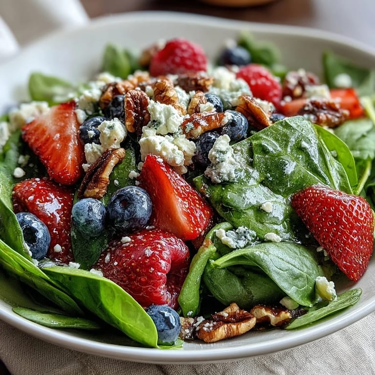 A vibrant Spinach and Berry Salad Bowl garnished with toasted walnuts and red onion, ready for a healthy side dish.