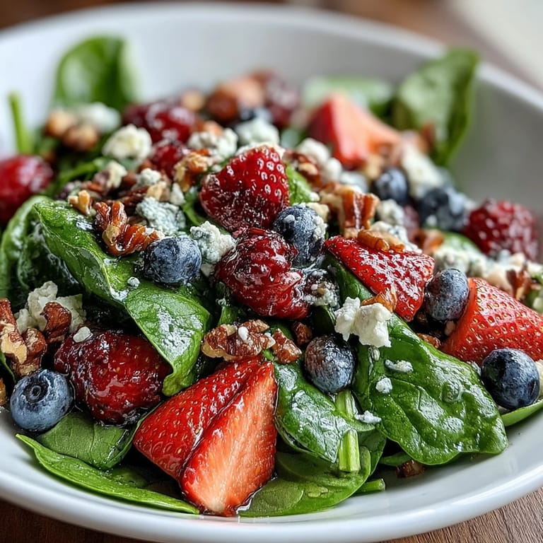 Close-up of a Spinach and Berry Salad Bowl showing juicy strawberries, blueberries, and crumbled goat cheese with a honey-balsamic drizzle.