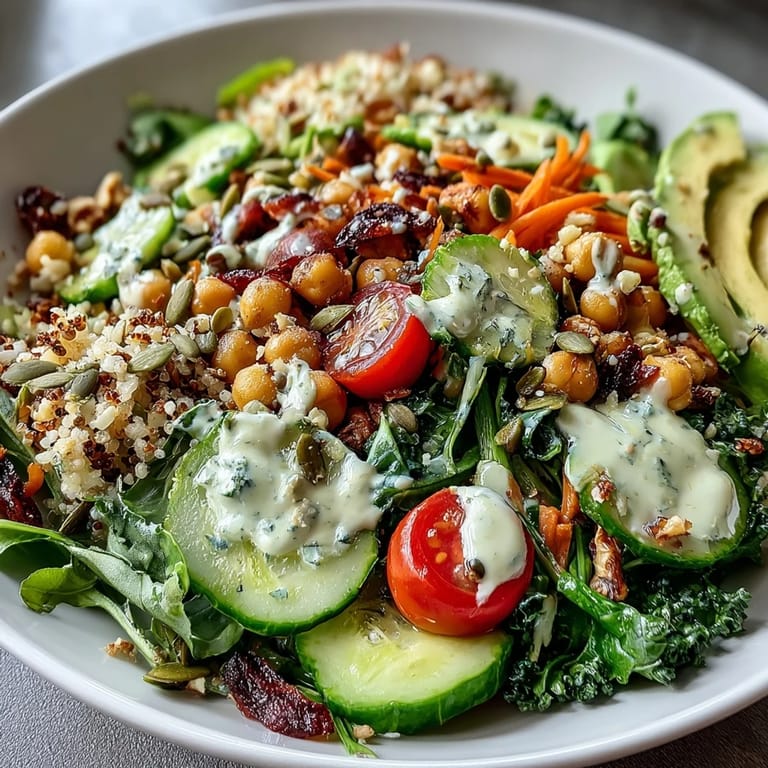 Colorful Mixed Greens Power Bowl featuring cherry tomatoes, cucumber, and red bell pepper, served in a ceramic bowl.