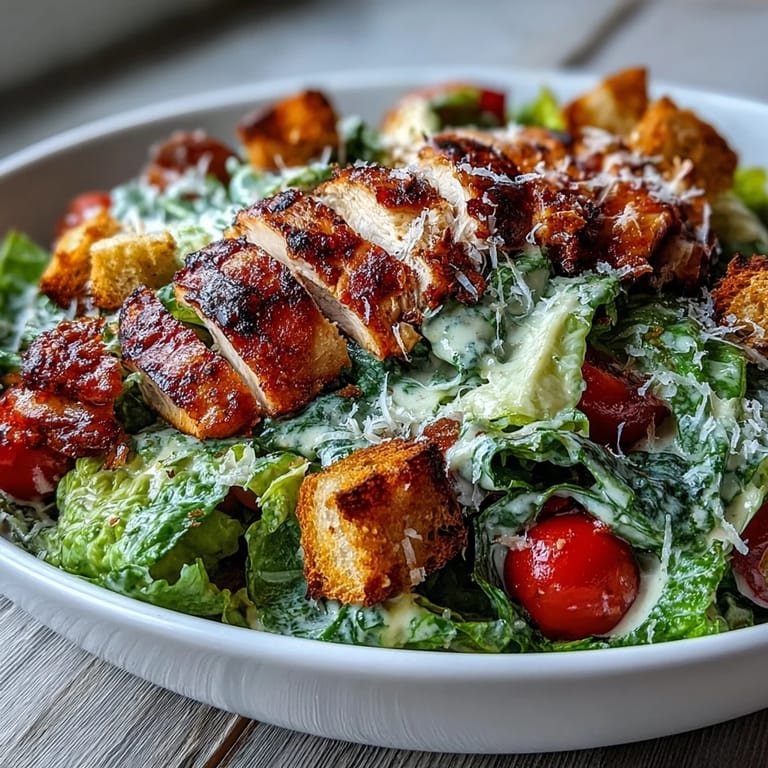 A vibrant Romaine Caesar Bowl with roasted chickpeas, cherry tomatoes, and crunchy croutons.